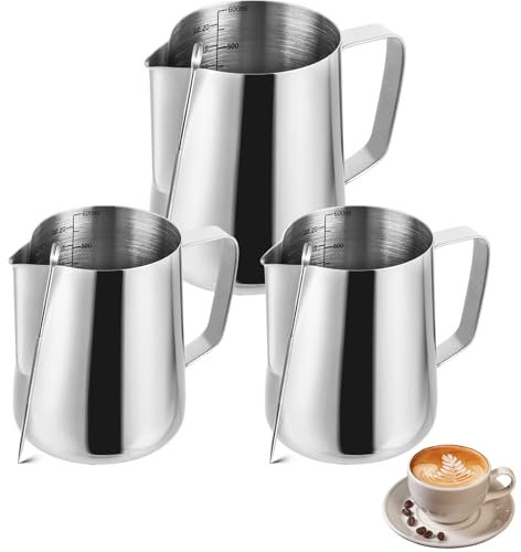 LOPYXBR 3 Stück Milchkännchen Edelstahl 350ml + 600ml Milchkanne mit Messung Mark und Latte Art Pen Milchkanne Edelstahl für Cappuccino Espresso Barista Kaffeeliebhabe