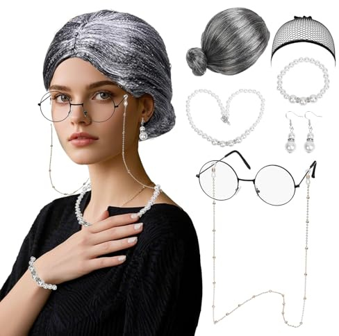 7 Stück Oma Kostüm Accessoire Set, Oma Perücke Grau mit Perückenkappe, Oma Brille mit Brillenketten, Perlenkette Armband Ohrringe, Alte Dame Cosplay Set für Karneval Maskerade Fasching Halloween