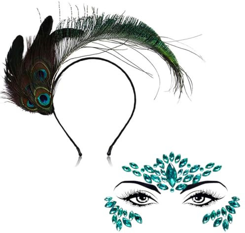 boocooberg Feder Stirnband Karneval,Pfau Haarband für Damen,Pfau Haarschmuck+Glitzersteine Gesicht,Haarreif Karneval,Glitzersteine Selbstklebend,Maskerade Karneval Party Zubehör
