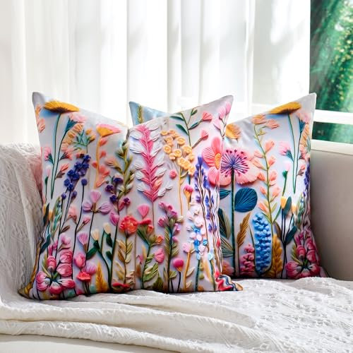 DecorMommt 2er Set Bunte 3D Blumen Outdoor Kissenbezüge 40x40cm Frühling Wildblumen-Pflanzen Farbe Kissenbezug Dekorative Quadratische Weich Bauernhaus-Dekor-Kissenhülle für Zuhause Sofa Garten