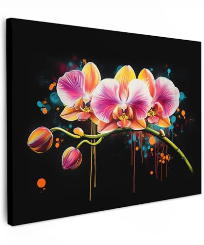 MuchoWow© Impression sur Toile Peinture 70x50 cm Tableau Mural Decoration Salon Reproductions de Tableaux Murale Moderne Orchidée - Graffiti - Coloré - Fleurs - Abstrait