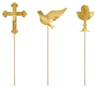 Set 6 pezzi Pick Cake topper in carta cartoncino - Colomba, Calice e Croce - Colore Oro Lucido - ideale per decoro decorazioni torte e dolci della PRIMA COMUNIONE