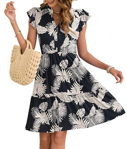 AUSELILY Damen Sommerkleid V-Ausschnitt Kleider Rüschen Ärmel Minikleid Elastische Taille Freizeitkleid mit Taschen Regenwaldblatt XL