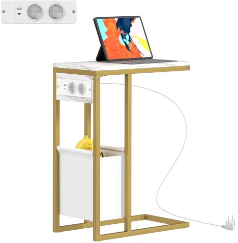HOMCOM Mesa C estación Carga 46x25x62,5cm Blanco | Mesa auxiliar de sofá estrecha, bolsa de tela, tapa imitación mármol, marco de acero, mesa de café, mueble de salón