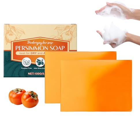Clawrex Presimmon tvål, 2 stycken naturlig Kaki-tvål, Kaki tvålstycke för kvinnor och män, tar bort kroppslukt, djuprengöring, återfuktande, ljusande badtvål för ansikte och kropp (200 g)