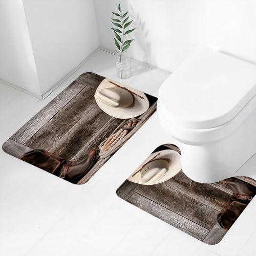 FEHWI Luxury 2 Piece Bath Mat Set Non Slip Ultra Soft Bathroom Mats Water Absorbent Bath Mats Machine Washable Rug Toilet Mat,Traditional white straw cowboy hat with authentic western lasso and leat
