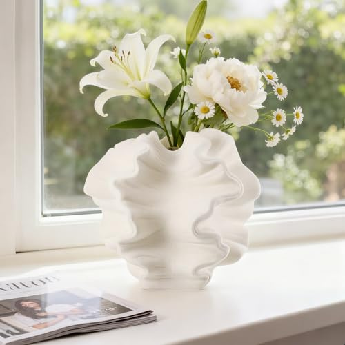 TranRantic Keramik Vase Beige, Welle Blumenvase Modern, Ästhetische Deko Vase für Wohnzimmer Büro Schlafzimmer Badezimmer Restaurant Café
