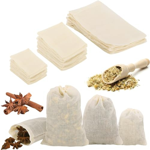 50 sacchetti per spezie per cucinare, bustine di tè riutilizzabili, in mussola di cotone, sacchetti vuoti per bouquet Garni per cucinare, filtrare tè e caffè, spezie, 6 x 8 cm, 8 x 10 cm, 10 x 15 cm