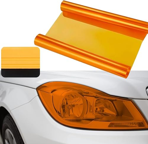 HYMC Orange Headlight Tint Film 30x120cm with Squeegee Tool - Self Adhesive Bubble Free Vinyl Wrap for Car Taillights and Fog Lights