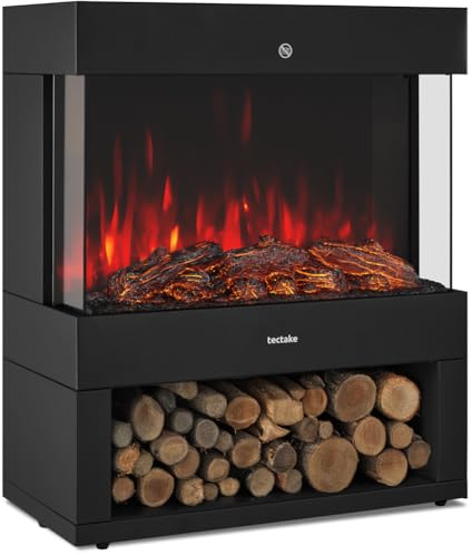 tectake® Chimenea Electrica Decorativa de Pie 2 Niveles de Potencia 900W/1800W, Llama en 3D Realista con Imitación de Madera, Chimenea Eléctrica con Termostato Ajustable - 33 x 60 x 73,5 cm