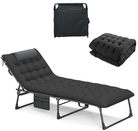FANTASK Sonnenliege Klappbar mit Kissen, Campingliege mit Verstellbarer Rückenlehne, Seitentasche und Kopfstütze, Liegestuhl, Gartenliege für Garten, Camping, Büro, Schwarz
