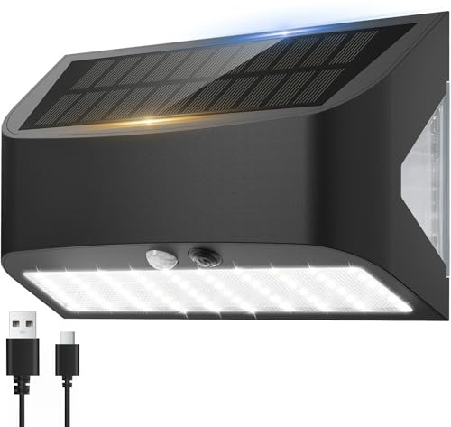 Solarlampen für Außen mit Bewegungsmelder, 18cm Große, IP65 Wasserdichte | USB Aufladbare & Solar, 1200LM Superhell Solar Bewegungsmelder Aussen, 20-24H Solar Wandleuchte für Garten Garage