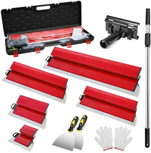 Spatule Enduit Lissage Set, 5 Outils de Spatule (15cm, 25cm, 40cm, 60cm, 80cm) pour les cloisons sèches,à main tige télescopique 85 à 130 cm,2 grattoirs à main et Avec boîte