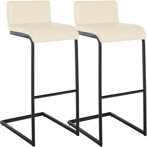 CLP Barhocker 2er Set mit Lehne Newport, Barstühle Küche mit schwarzen Edelstahlgestellen und integrierter Fußstütze Farbe Creme Material Kunstleder