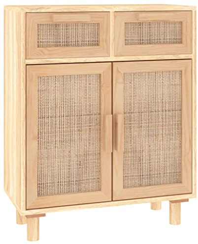 Yamxder Sideboard Braun 60x30x75 cm Kommode mit Natur-Rattan Anrichte aus Kiefer Massivholz und Holzwerkstoff Beistellschrank mit 2 Schubladen und 2 Türen für Wohnzimmer Flur