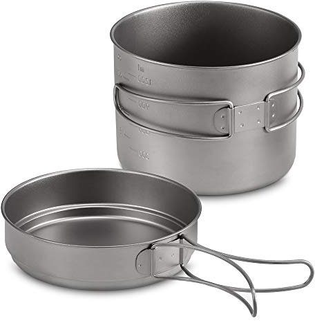 Lixada Titan Topf Set - 1100ml/1600ml Topf + 350ml/500ml Pfanne, Φ125*102mm, Mit Faltbarem Griff, Für Outdoor Camping, Wandern (1600ml + 500ml)