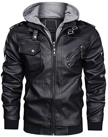 KEFITEVD Veste de motard en cuir synthétique pour homme avec capuche amovible et style vintage - Noir - Taille L
