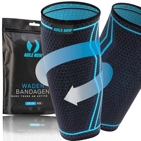 AGILE NOW® Wadenbandage 2er Set stabilisiert & entlastet die Waden bei jeder Bewegung – Kompressionsstrümpfe für Damen & Herren – rutschfeste & atmungsaktive Kompressionsbandagen (L | Blau)
