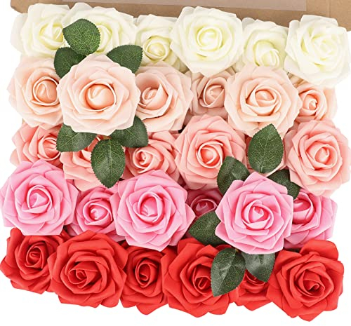 N&T NIETING Künstliche Rosen Blume, 30 Stück Deko Blumen Fake Rosen mit Stielen DIY Hochzeit Blumensträuße Braut Zuhause Dekoration, Dunkelrot