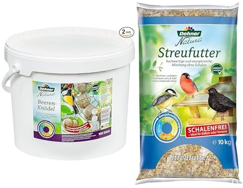 Dehner Natura Wildvogelfutter, Beeren-Knödel ohne Netz, 100 Stück (10 kg) & Natura Wildvogelfutter, schalenfreies Streufutter, 10 kg