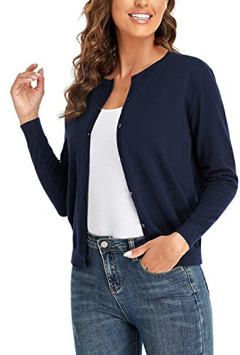 CUNYI Cardigan Donna Maglia con Bottoni Girocollo Classico Manica Lunga Giacca Cappotto Elegante, Blu Navy XXL