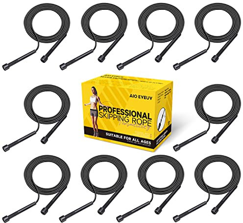 AIO EYEUY Lot de 10 cordes à sauter réglables en PVC pour le fitness et l'exercice, pour hommes, femmes et enfants, sans nœuds, pour garder la forme, l'entraînement, noir