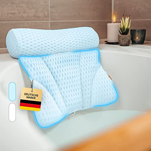 Vybelle® Badewannenkissen atmungsaktiver 4D Air Mesh [perfekte ergonomische Passform] Badekissen für Entspannung von Nacken und Rücken – inkl. extra Tragetasche – Bath tub Pillow Designed in Germany