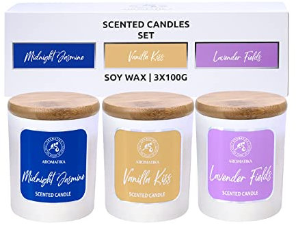 Duftkerze Jasmin - Vanille - Lavendel - Duftkerzen Set 3x 100 g - Aromatherapie - Sojakerze mit Ätherischen Ölen - Vanille Extrakt - Duftkerze im Glas - Idee für Muttertag - Geburtstag