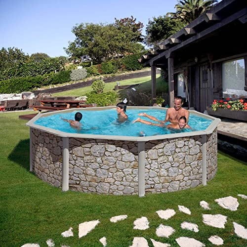 Paradies Pool® Gre Giant rund 350x120cm (Ø x H), Komplettset, Stahlwandbecken Stein, Poolplane in blau 0,4mm, Handlauf extra breit, inkl. Skimmer-Set, Leiter, Unterlegvlies und Filteranlage