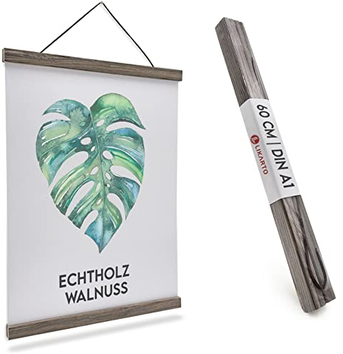 LIKARTO Premium-Posterleiste Holz Walnuss A1 | 60 cm - Hochwertige magnetische Bilderleiste aus Echtholz inklusive Lederband - Einfaches Bilder aufhängen