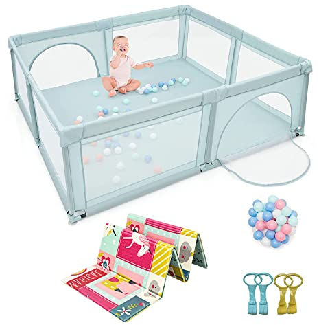 COSTWAY 206 x 186cm Baby Laufstall mit Matratze, Laufgitter mit 50 Spielbällen & atmungsaktivem Netz, Krabbelgitter mit 2 Türen, Laufgitterzelt für Säuglinge & Kinder(Blau, Rosa Matratze)