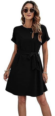 Sommerkleid Damen Kurzarm Blusenkleid Einfarbig Freizeitkleid Knielang A-Linien Kleid Midikleid(Schwarz,S)