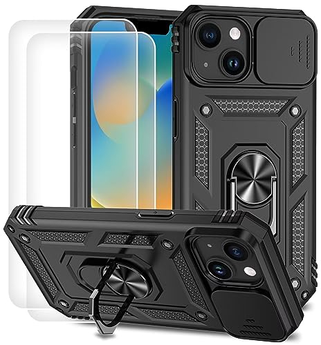 Dechyi für iPhone 15 Plus Hülle mit Panzerglas Schutzfolie Schutzhülle mit Kameraschieber Case 360° Drehbarer Militä Ständer Stoßfest Cover-Schwarz