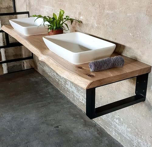 Live Distance Shopping MyTimber® Waschtischplatte aus Eiche Massivholz | 4cm Starke Eichenbohlen | Ideal für Aufsatzwaschbecken | Baumkante oder gerade Kante (Baumkante - unbehandelt, 60x50cm)