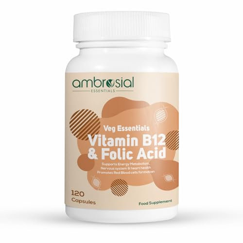Ambrosial Vitamin B12 1000 mcg and Folic Acid 500 mcg | High Strength B12 (Cyanocobalamin) and Folic Acid Capsules | Vegan, Non-GMO, Easy to Swallow | Pack of 1-120 Capsules
