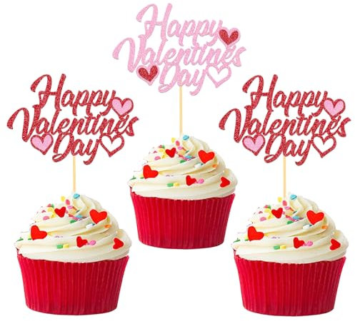 24 Stück Glitzer Valentinstag Cupcake Toppers, Valentinstag Kuchendeko, Happy Valentine's Day Tortendeko für Valentinstag Heiratsantrag Verlobung Hochzeit Party Deko (V Red/Pink)