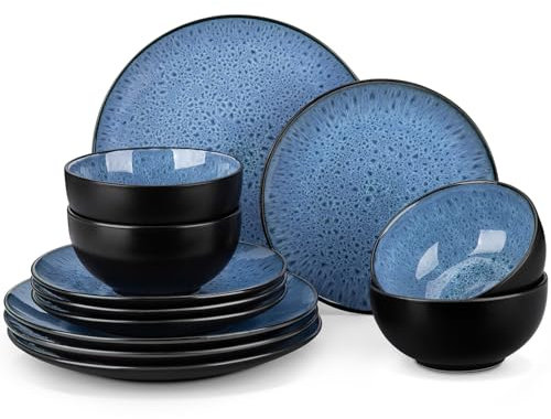 vancasso Bubble Plates and Bowls Sets - 12 Piece Dinnerware Sets Service for 4, Reactive Glaze Stoneware Tableware Set, Microwave, Dishwasher, Oven Safe (Blue)