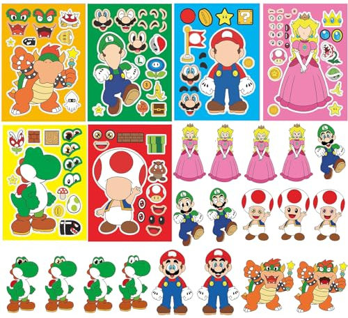 Mario Sticker, Make a Face Aufkleber Mario, Mario Aufkleber Pack, Face Art Sticker Prinzessin Peach, DIY Gesichts Aufkleber, Vinyl Wasserdichte, für Party Favor Supplies Craft