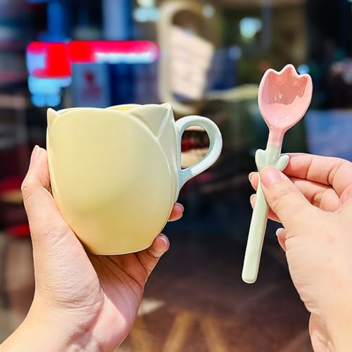 Taza de café de tulipán, De Tulipan, taza de tulipán de cerámica con posavasos creativo, taza de café de cerámica con forma de tulipán, taza de tulipán linda de 10 onzas for té, café y leche ( Color :