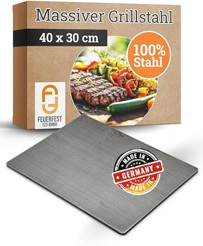 Feuerfest 123 Stahl Grillplatte I 40x30cm I Massive Stahlplatte für Kohle- & Gasgrill I Plancha-Alternative mit 8mm Stärke I Grill-Platte aus Handarbeit I Ideal als Pizzastein & Brotbackstein
