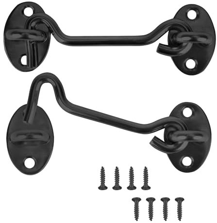 2Pcs 100mm Black Gate Hook Stainless Steel Cabin Hook，4 Inch Hook and Eye Latch ，Door Latch with Mounting Screws Apply to Wooden Gates，Garage Door,Window