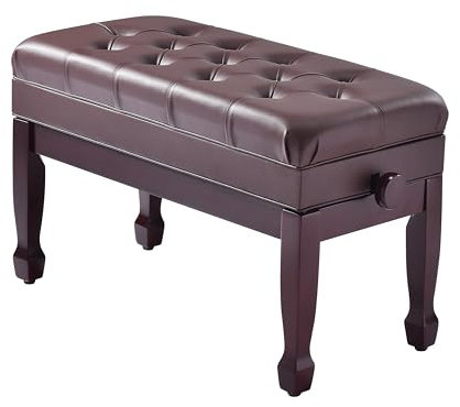 FILISITE Adjustable Duet Piano Bench with Storage, Heavy Duty Solid Wood Double Piano Stool Keyboard Bench Seat with PU Leather Padded Cushion (Brown)