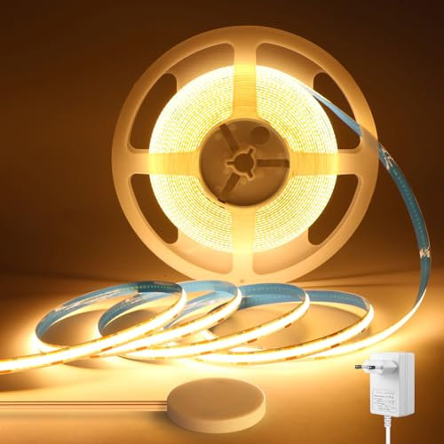AIMENGTE COB LED Strip, 960 LED Warmweiss 5M 24V 3000K Dimmbar, with Touch and Hand Sweep Dimmer Schalten, LED Streifen CRI>90, für Heim Deko, DIY, Schlafzimmer, Wohnzimmer, Unterbau, TV