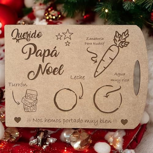 JR Maderas Bandeja Navidad Personalizada de Papa Noel - Decoracion Original para Las Fiestas - Tradiciones Navideñas para niños - Bandeja de Bienvenida con Galletas Leche Agua.