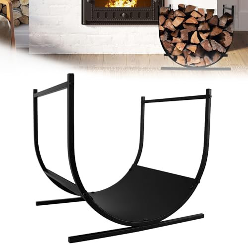 QEENTOE Kaminholzregal Stahl Kaminholzkorb Metall Feuerholzregal Halbrund Brennholzregal für Kaminofen Kaminholz Aufbewahrung Innen für Kaminholz Indoor Outdoor Holzregal Schwarz 44,5 x 37,5 x 40 cm