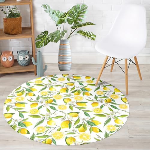 Hearda Teppich Rund, Reppich Schlafzimmer, Flanell Innenbereich Runder Teppich, Waschbarer rutschfest Teppich, Fruchtdruck Flur Teppich, fürs Wohnzimmer (120cm,Zitrone 1)