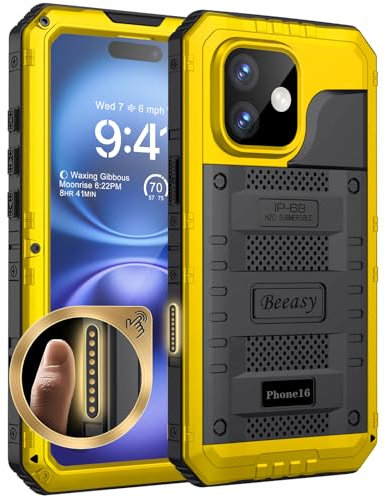 Beeasy for iPhone 16 Case Waterproof Heavy Duty Metal Armour Cover Shockproof Dustproof Built-in Screen Protector, Robust Full Body Protective Military Rugged Case for iPhone 16, Yellow