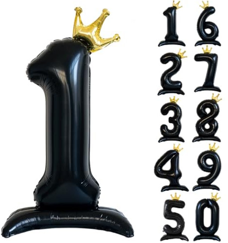 42 Zoll Schwarz Zahl Ballon Stehende Zahl 1 Luftballon mit Krone Schwarz Krone Ballon Zahlen 0-9 Groß Helium Ballons für Geburtstag Party Dekorationen Hochzeit Deko