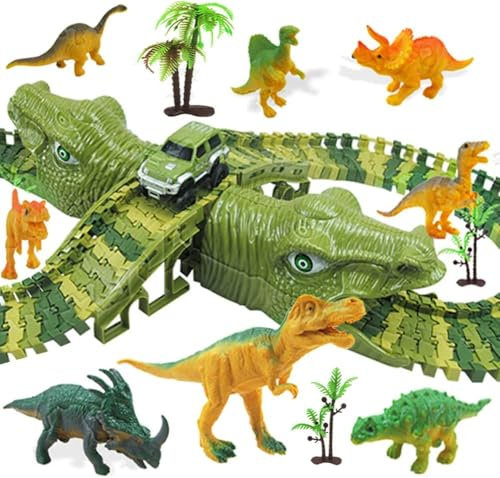 Gtuzkheu Dinosaurios Pista Juguetes,Juego de 153 Piezas de Circuito de Pista Dinosaurio para Coche,Circuito Coches,Flexible, diseño Educativo, con Bolsa de Regalo para niño, niña, 3 4 5 6 años