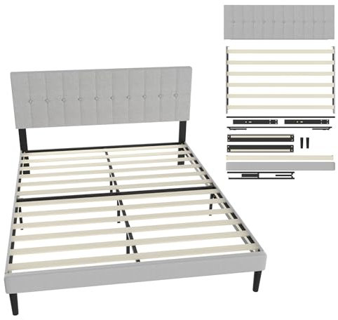 UISEBRT Polsterbett 160 x 200 cm – Bettrahmen mit Knöpfen, Plattformbettgestell mit gepolstertem Kopfteil aus Leinen, Holzlattenstütze, Doppelbett für Erwachsene, Modernes Design (Hellgrau)